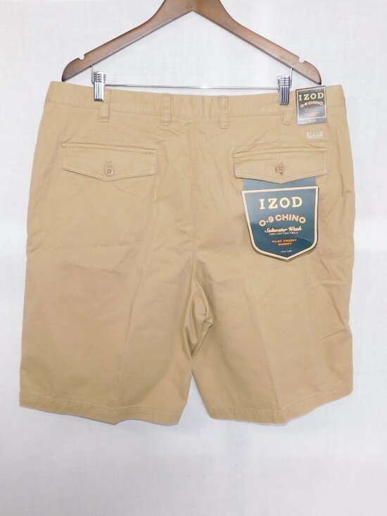 IZOD Mens 40 Chino Saltwater Wash 100% Cotton Twill Flat Front Tan Shorts NEW - Picture 8 of 9